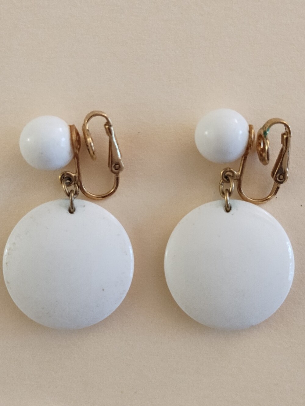 Vintage Crown Trifari White Dot & Disc Clip On Earrings With Gold Tone Hardware